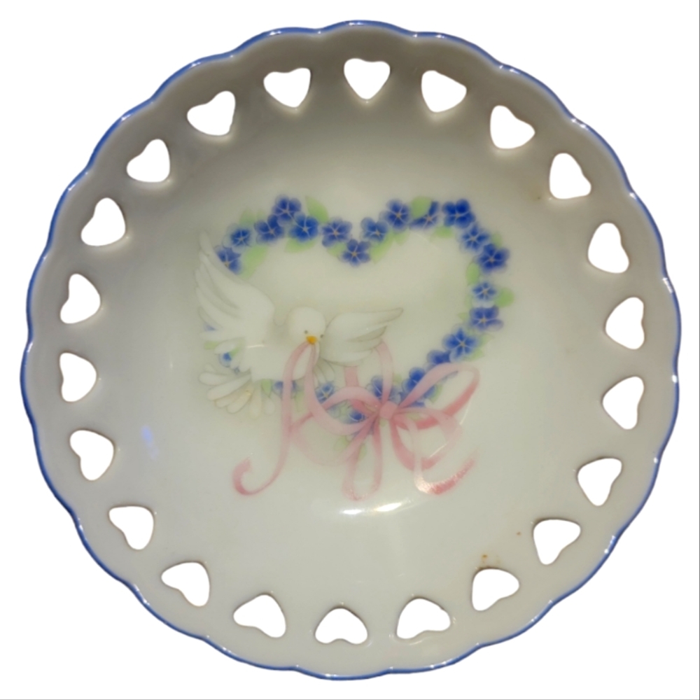 Vtg Reutter Porzellan Germany Hearts Bird  Flowers Porcelain Footed Trinket Dish